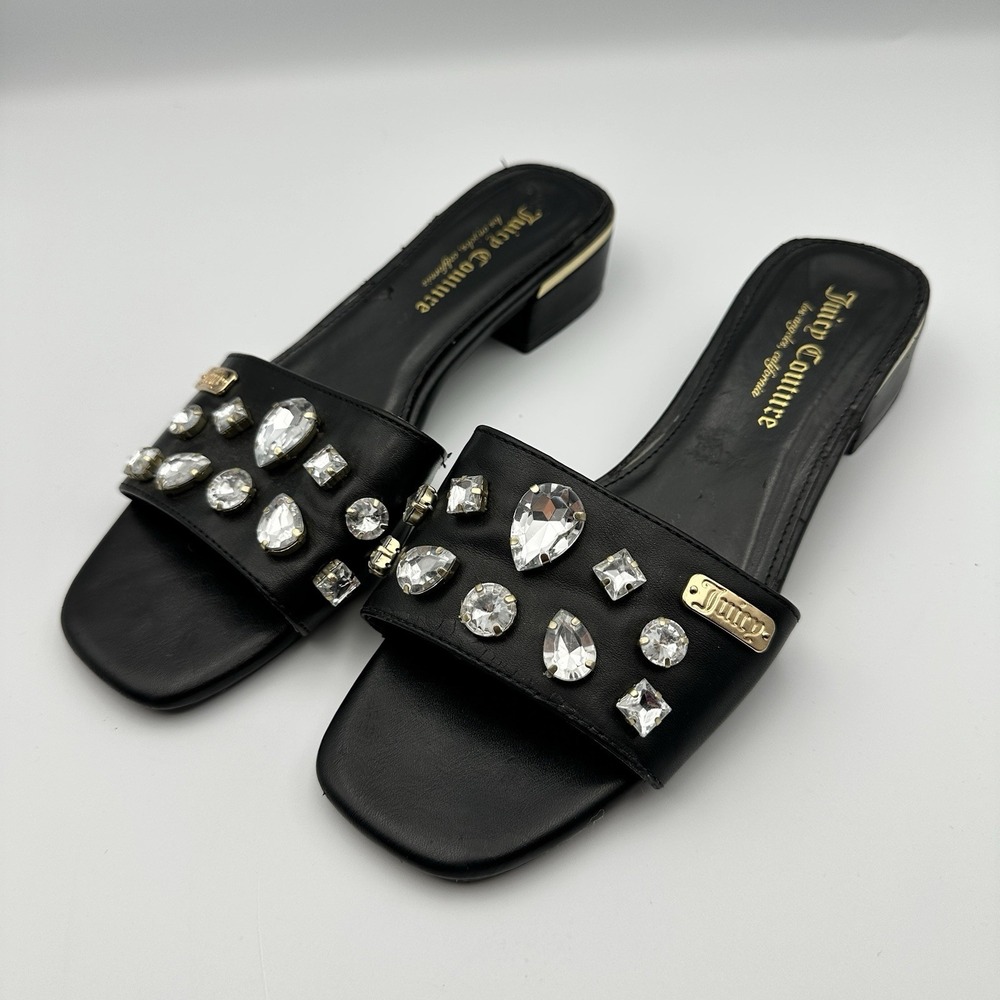 Juicy Couture Kandy‎ Slides Womens 8 Black Rhinestone Jeweled Sandals Mules